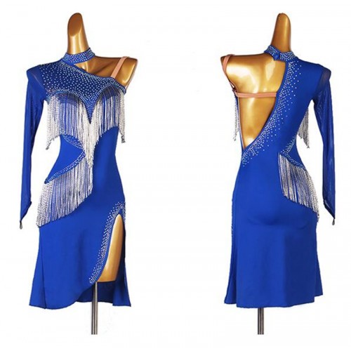 Royal blue rhinestones competition latin dance dress for women girls one inclined shoulder stage performance salsa rumba chacha dance dress latin outfits for lady